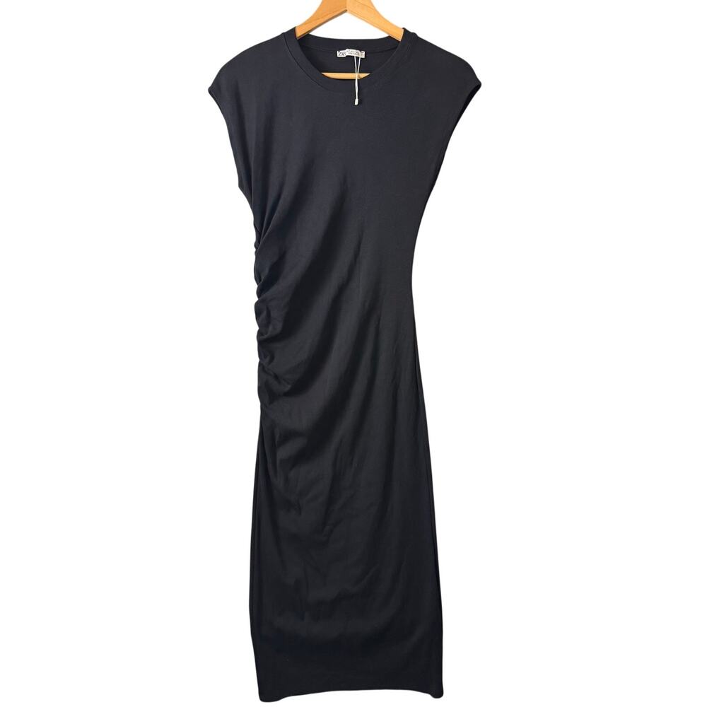 Zara Black T-Shirt Dress Women’s Size Large Midi Ruched Side Short Sleeve New